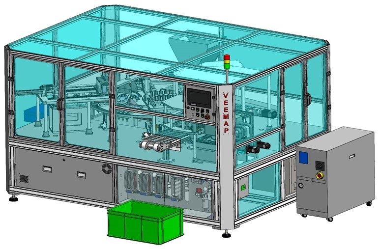 VEEMAP assembly machine built around one medical-device family, with guarding, feeders and HMI