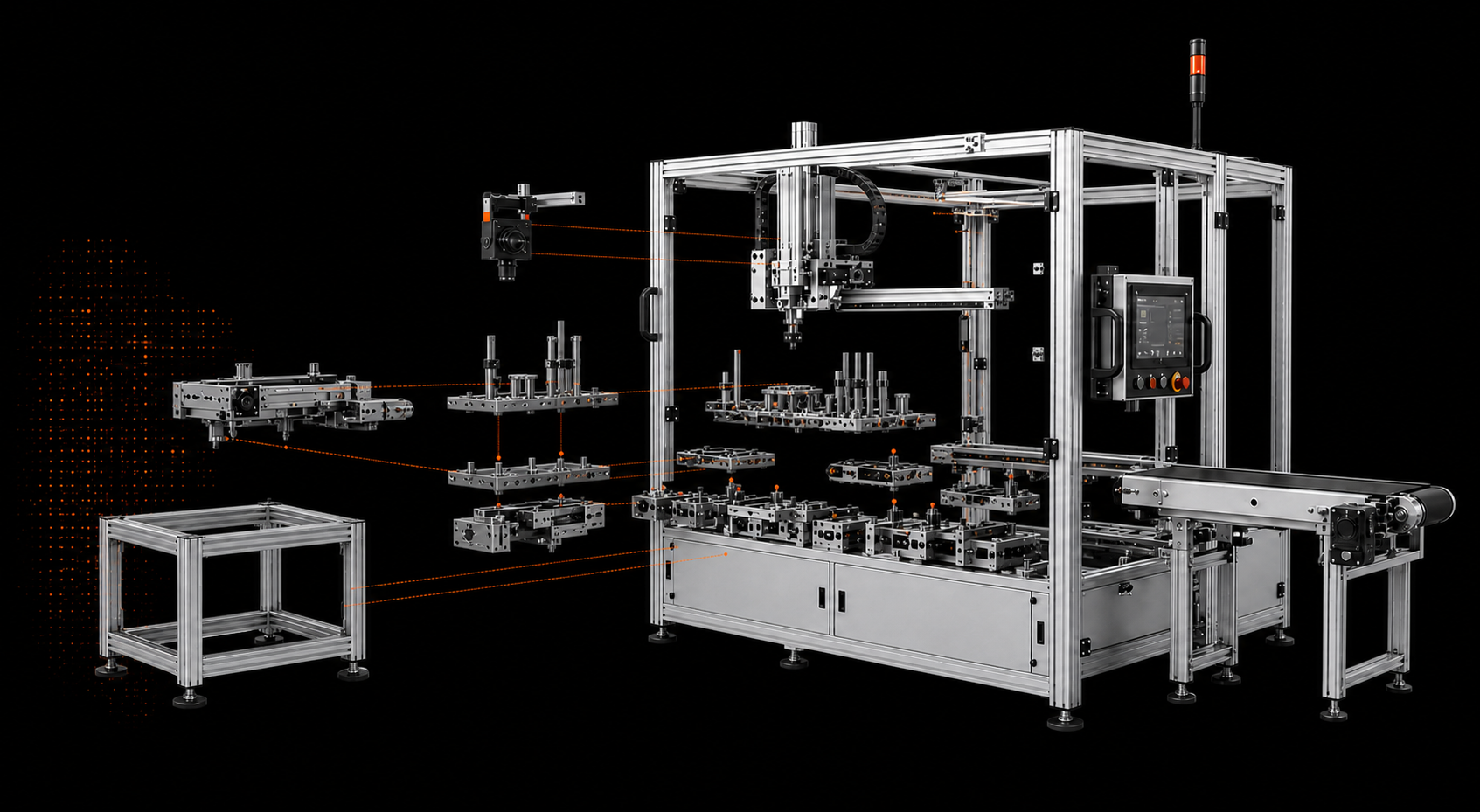 Special-purpose machine in an exploded engineering state — frame, tooling, gantry, vision head and HMI